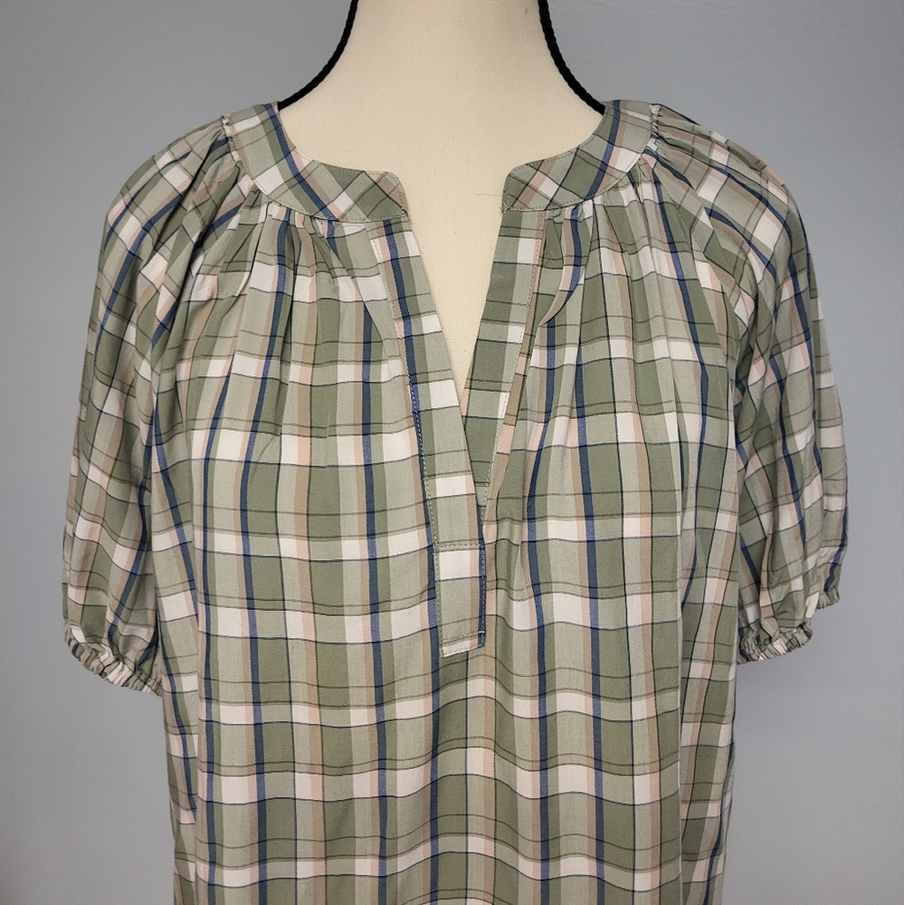 LOFT Sage Green Plaid Short Sleeve Peasant Blouse